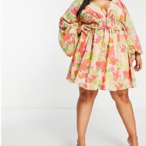 ASOS Design curve soft shirred waist mini dress in peach floral chiffon boho 22